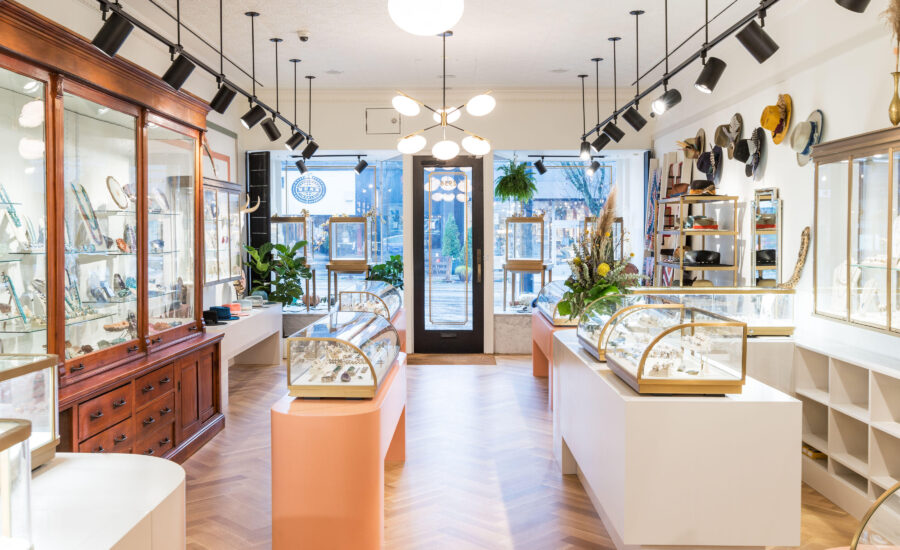 Modern open-concept jewelry store on Granville Street in Vancouver featuring new architectural track lighting. Electrician South Surrey