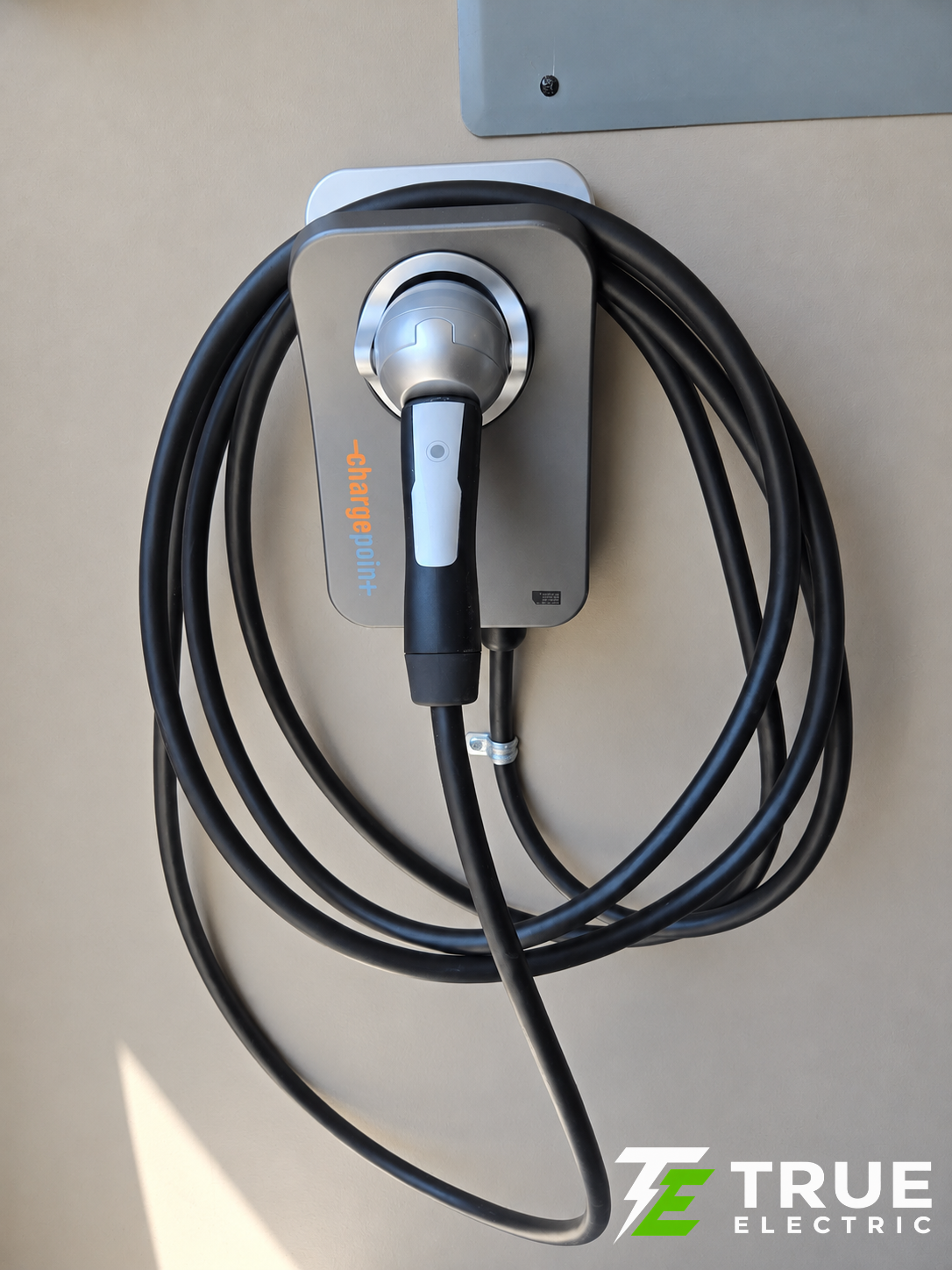 A single Level 2 smart EV charger mounted on a residential garage wall in South Surrey.