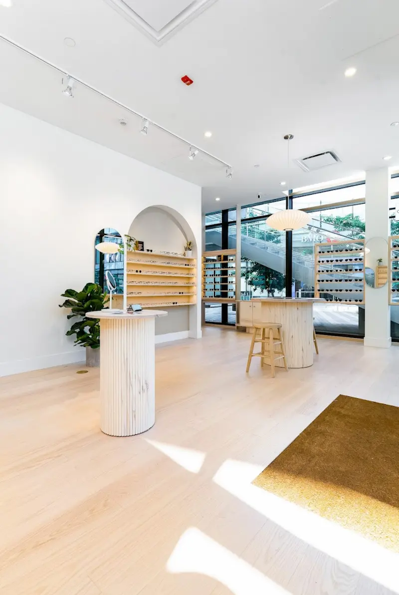 Modern open-concept showroom of the renovated Ollie Quinn eyewear boutique in Brentwood Plaza, Burnaby